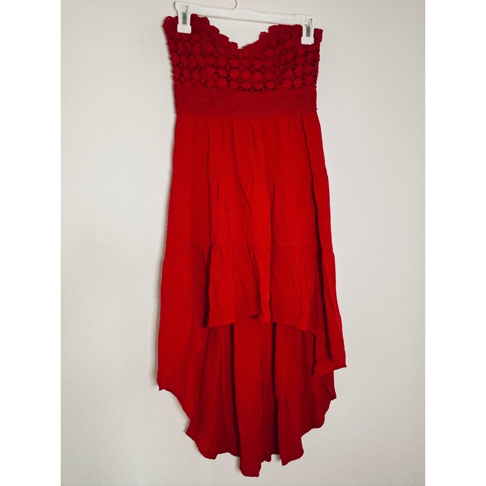 Red Crochet Lace Strapless High Low Boho Tiered Festival Dress Sweetheart Neck